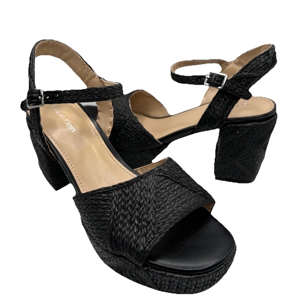 NEW Calvin‎ Klein Lessia Ankle Strap Block Platform Heel Raffia Woven Sz 7 1/2